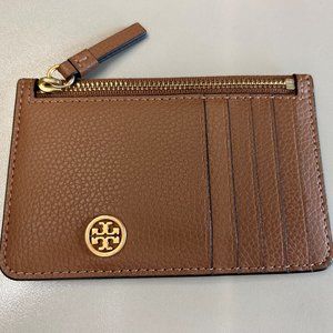 Tory Burch Walker Leather Top Zip Card Case Brown